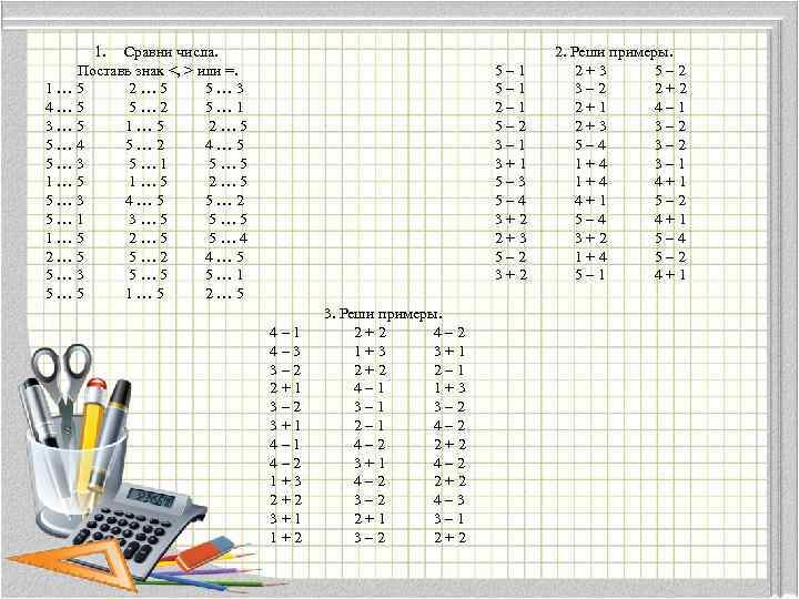1. Сравни числа. Поставь знак <, > или =. 1… 5 2… 5 5…