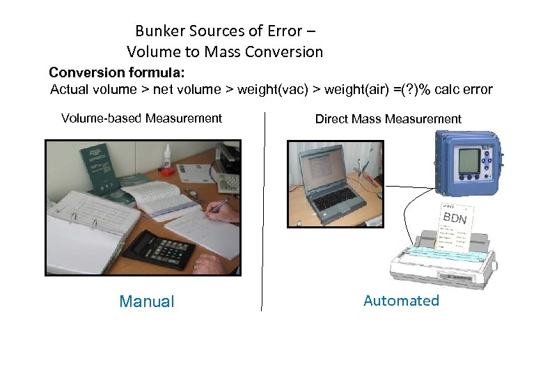 Bunker Sources of Error – Volume to Mass Conversion formula: Actual volume > net