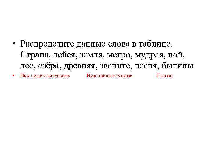  • Распределите данные слова в таблице. Страна, лейся, земля, метро, мудрая, пой, лес,