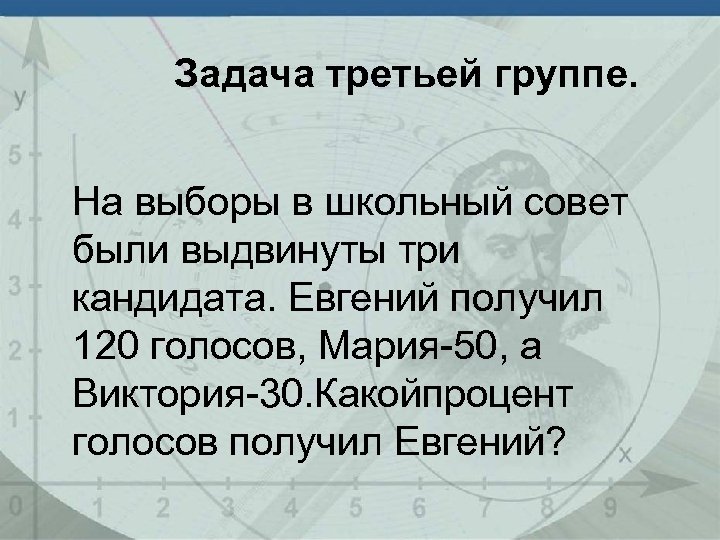 Задача третьей группе. На выборы в школьный совет были выдвинуты три кандидата. Евгений получил