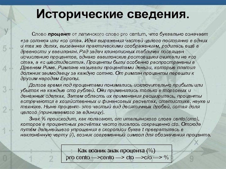 Исторические сведения. Как возник знак процента. Какое слово означает какой процент. Что понимается под процентом и кто его получает.