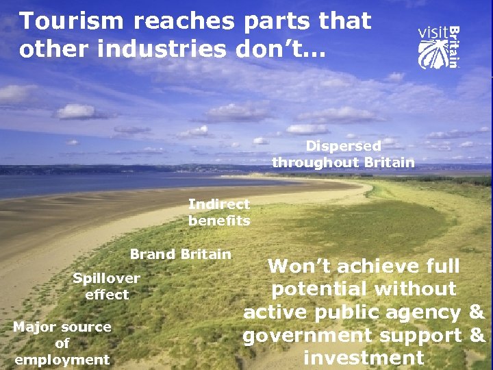Tourism reaches parts that other industries don’t… Dispersed throughout Britain Indirect benefits Brand Britain