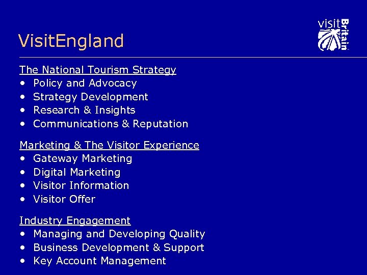 Visit. England The National Tourism Strategy • Policy and Advocacy • Strategy Development •