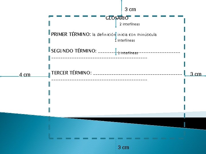 3 cm GLOSARIO 2 interlíneas PRIMER TÉRMINO: la definición inicia con minúscula 1 interlíneas