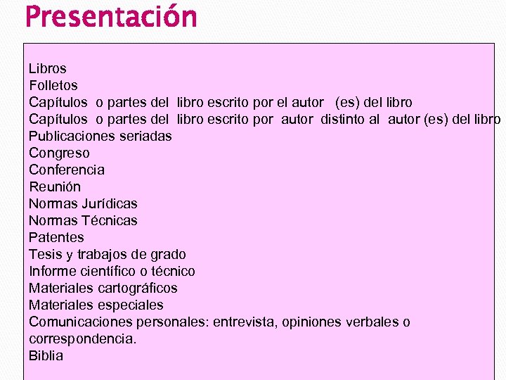 Presentación Libros Folletos Capítulos o partes del libro escrito por el autor (es) del