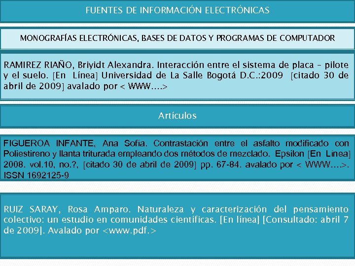 FUENTES DE INFORMACIÓN ELECTRÓNICAS MONOGRAFÍAS ELECTRÓNICAS, BASES DE DATOS Y PROGRAMAS DE COMPUTADOR RAMIREZ