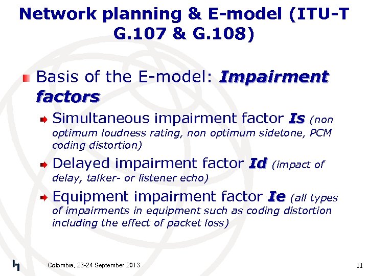 Network planning & E-model (ITU-T G. 107 & G. 108) Basis of the E-model: