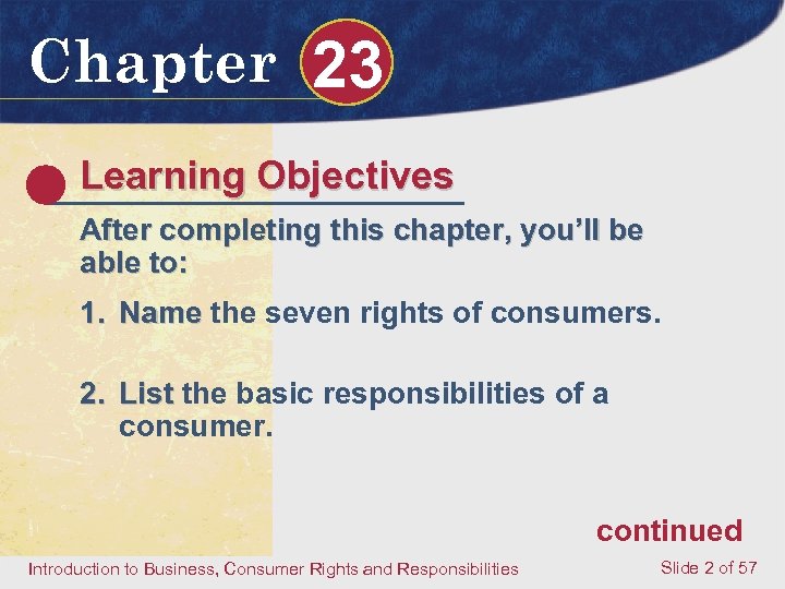 Chapter 23 Learning Objectives After completing this chapter, you’ll be able to: 1. Name