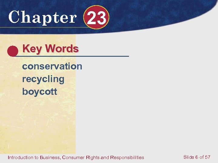 Chapter 23 Key Words conservation recycling boycott Introduction to Business, Consumer Rights and Responsibilities