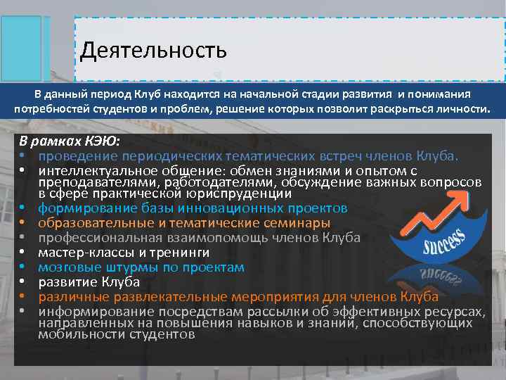 Деятельность В данный период Клуб находится на начальной стадии развития и понимания потребностей студентов