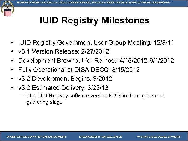 WARFIGHTER-FOCUSED, GLOBALLY RESPONSIVE, FISCALLY RESPONSIBLE SUPPLY CHAIN LEADERSHIP IUID Registry Milestones • • •