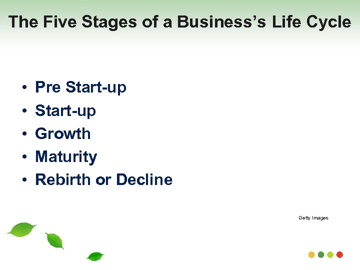 The Five Stages of a Business’s Life Cycle • • • Pre Start-up Growth