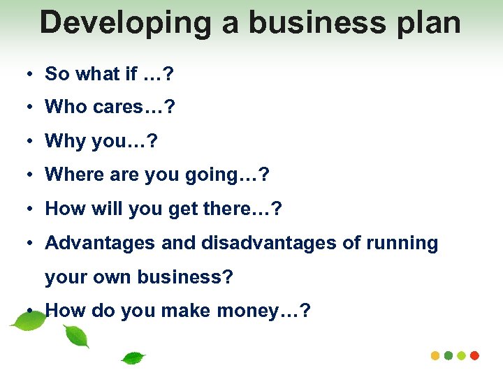 Developing a business plan • So what if …? • Who cares…? • Why