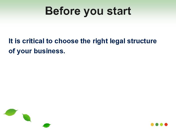 Before you start It is critical to choose the right legal structure of your