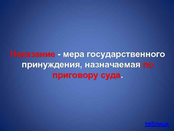 Наказание - мера государственного принуждения, назначаемая по приговору суда. таблица 