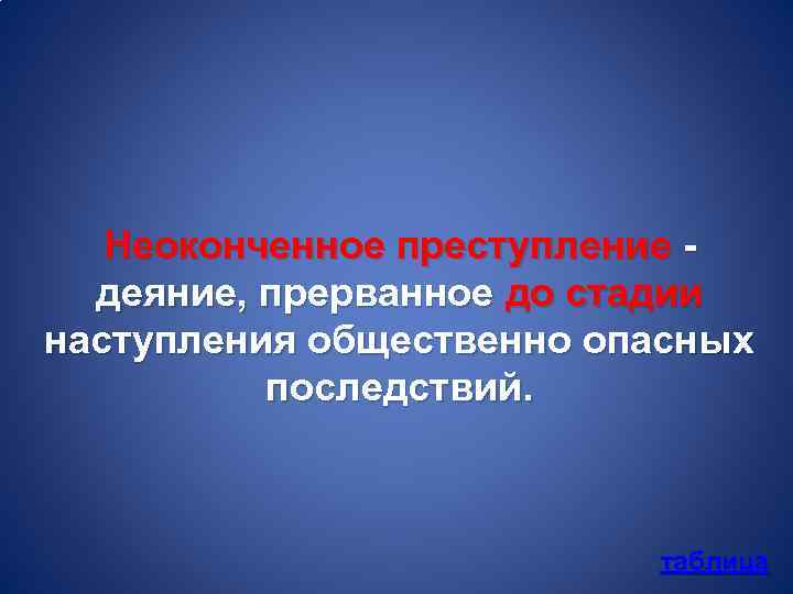 Неоконченное преступление - деяние, прерванное до стадии наступления общественно опасных последствий. таблица 