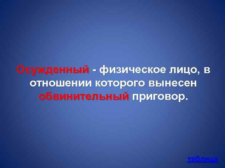 Осужденный - физическое лицо, в отношении которого вынесен обвинительный приговор. таблица 