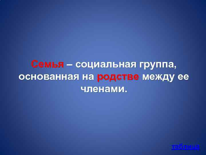 Семья – социальная группа, основанная на родстве между ее членами. таблица 