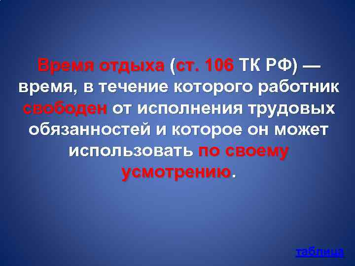 Время отдыха (ст. 106 ТК РФ) — время, в течение которого работник свободен от