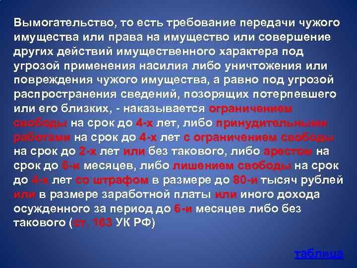 Вымогательство, то есть требование передачи чужого имущества или права на имущество или совершение других