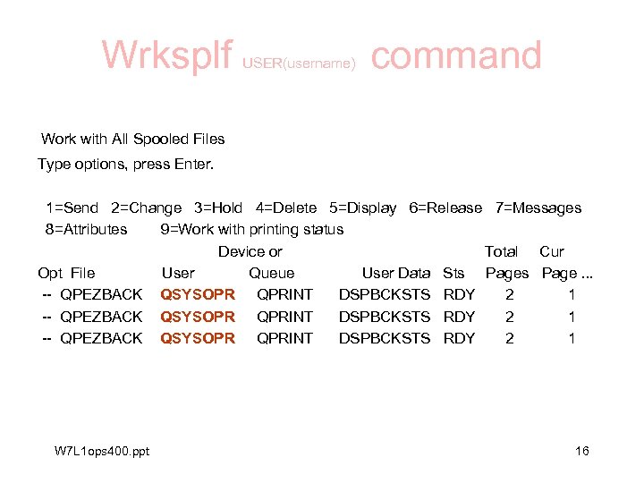 Wrksplf USER(username) command Work with All Spooled Files Type options, press Enter. 1=Send 2=Change
