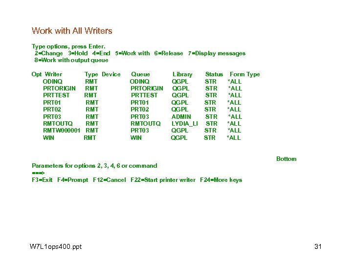 Work with All Writers Type options, press Enter. 2=Change 3=Hold 4=End 5=Work with 6=Release