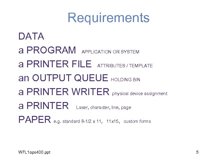 Requirements DATA a PROGRAM APPLICATION OR SYSTEM a PRINTER FILE ATTRIBUTES / TEMPLATE an
