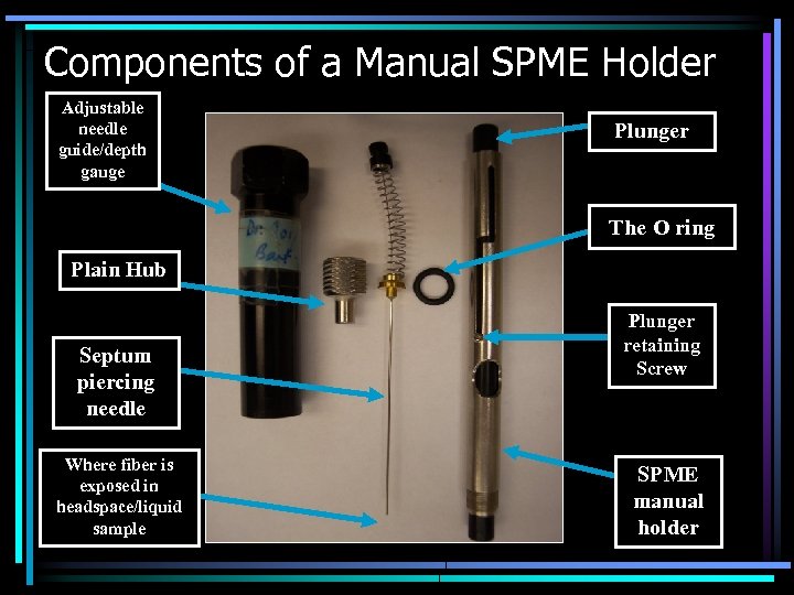 Components of a Manual SPME Holder Adjustable needle guide/depth gauge Plunger The O ring