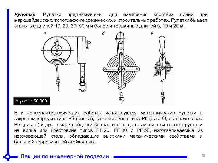 Рулетки предназначены для измерения коротких линий при маркшейдерских, топографо-геодезических и строительных работах. Рулетки бывают