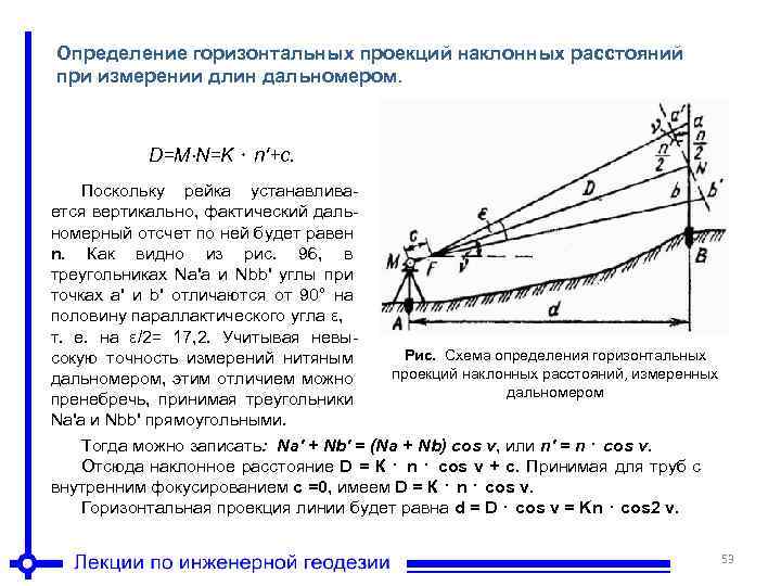 Формула тригонометрического нивелирования. Формула для определения расстояния дальномером. Нитяной дальномер в теодолите. Измерение вертикальных углов и дальномерных расстояний. Определить горизонтальное проложение линии.