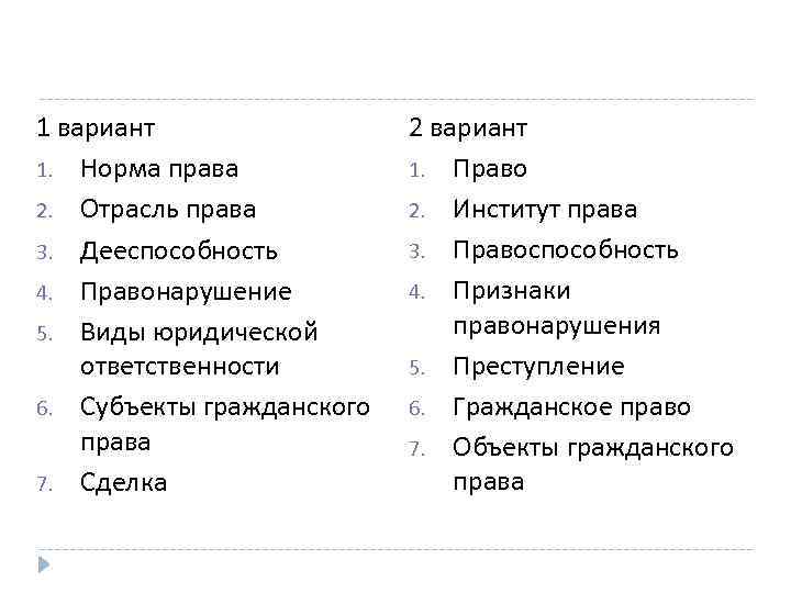 1 вариант 1. Норма права 2. Отрасль права 3. Дееспособность 4. Правонарушение 5. Виды