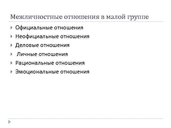 Межличностные отношения в малой группе Официальные отношения Неофициальные отношения Деловые отношения Личные отношения Рациональные
