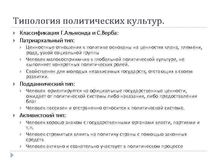 Типология политических культур. Классификация Г. Альмонда и С. Верба: Патриархальный тип: Подданнический тип: Ценностные