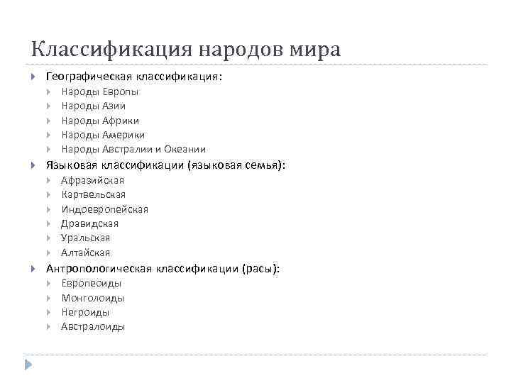 Классификация народов мира Географическая классификация: Языковая классификации (языковая семья): Народы Европы Народы Азии Народы