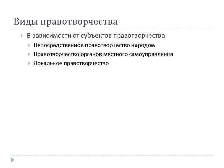 Виды правотворчества В зависимости от субъектов правотворчества Непосредственное правотворчество народом Правотворчество органов местного самоуправления