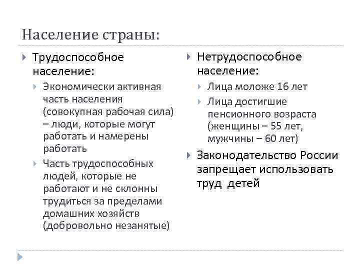 Население страны: Трудоспособное население: Экономически активная часть населения (совокупная рабочая сила) – люди, которые