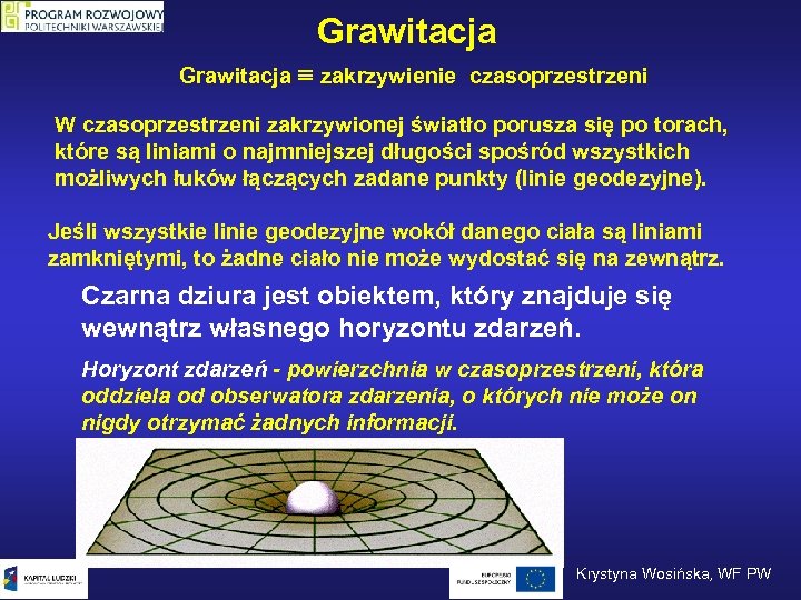 Grawitacja zakrzywienie czasoprzestrzeni W czasoprzestrzeni zakrzywionej światło porusza się po torach, które są liniami