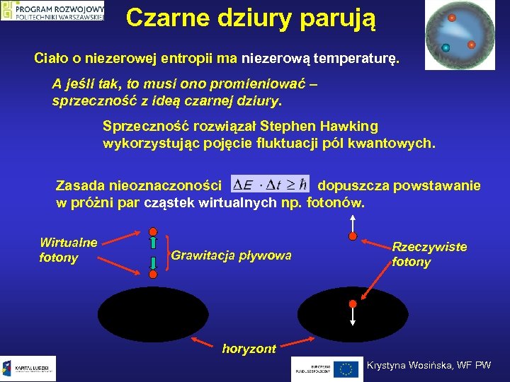 Czarne dziury parują Ciało o niezerowej entropii ma niezerową temperaturę. A jeśli tak, to