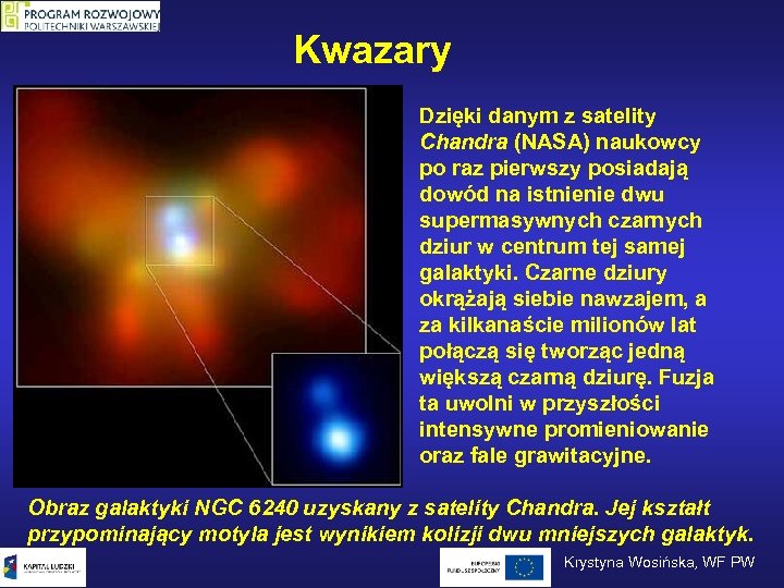 Kwazary Dzięki danym z satelity Chandra (NASA) naukowcy po raz pierwszy posiadają dowód na