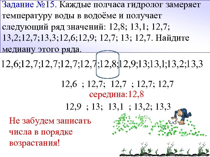 Задание № 15. Каждые полчаса гидролог замеряет температуру воды в водоёме и получает следующий