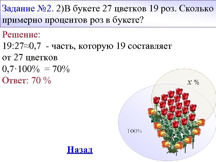 Задание № 2. 2)В букете 27 цветков 19 роз. Сколько примерно процентов роз в