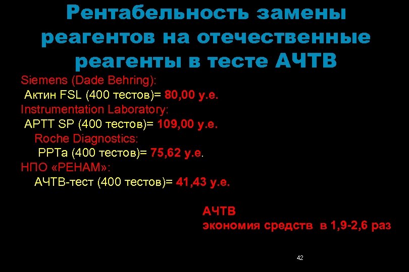 Рентабельность замены реагентов на отечественные реагенты в тесте АЧТВ Siemens (Dade Behring): Актин FSL