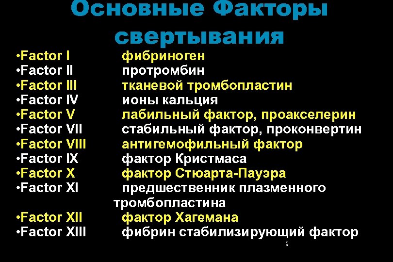Основные Факторы свертывания • Factor III • Factor IV • Factor VIII • Factor
