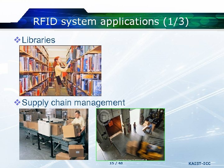 RFID system applications (1/3) v Libraries v Supply chain management 15 / 48 KAIST-ICC