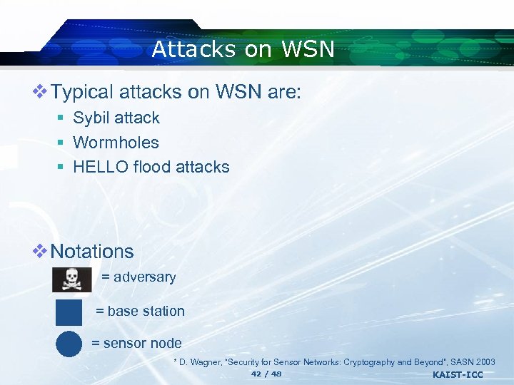 Attacks on WSN v Typical attacks on WSN are: § Sybil attack § Wormholes