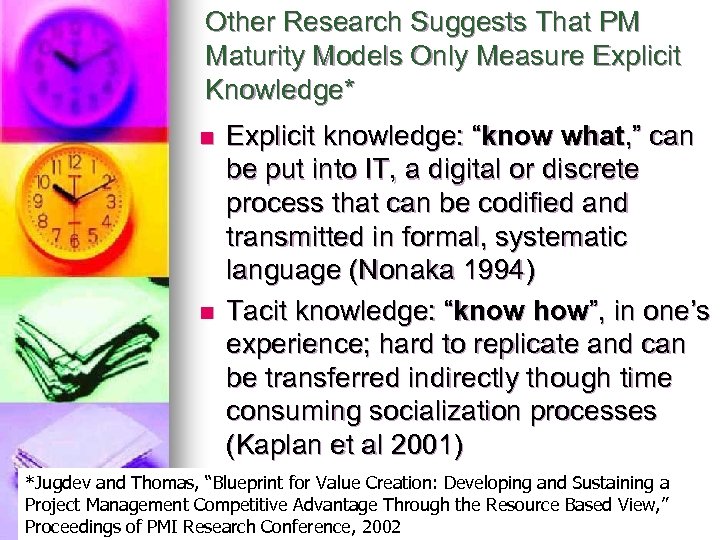 Other Research Suggests That PM Maturity Models Only Measure Explicit Knowledge* n n Explicit