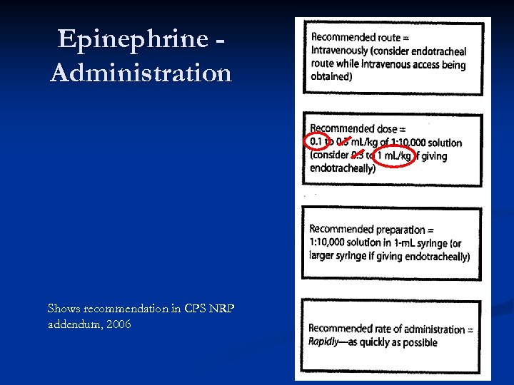 Epinephrine Administration Shows recommendation in CPS NRP addendum, 2006 