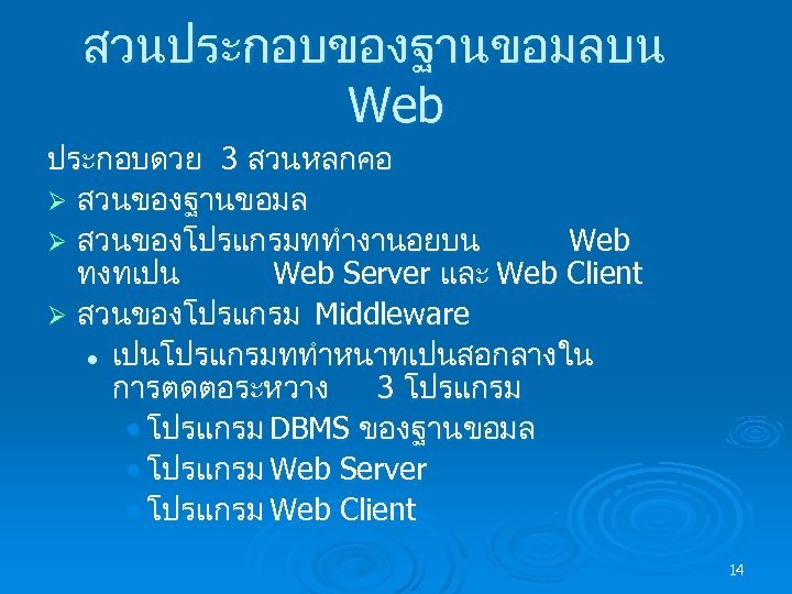 สวนประกอบของฐานขอมลบน Web ประกอบดวย 3 สวนหลกคอ Ø สวนของฐานขอมล Ø สวนของโปรแกรมททำงานอยบน Web ทงทเปน Web Server และ