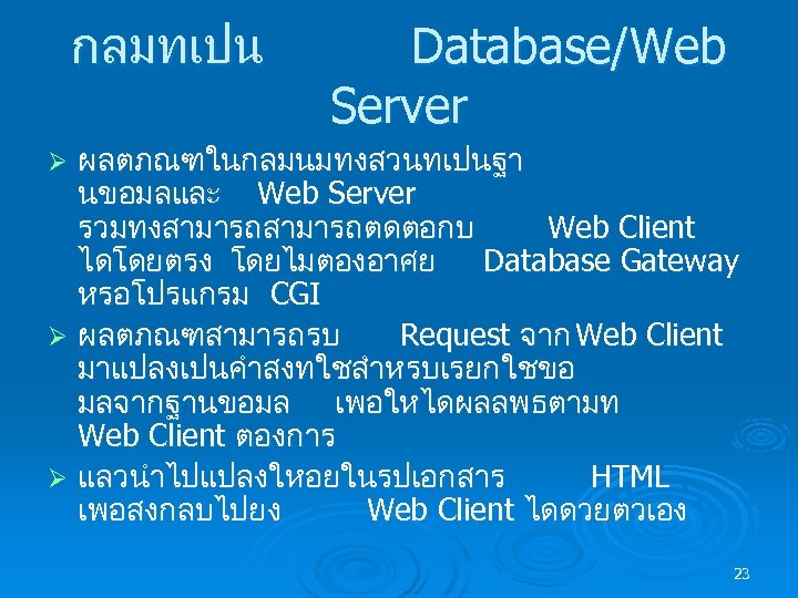 กลมทเปน Database/Web Server ผลตภณฑในกลมนมทงสวนทเปนฐา นขอมลและ Web Server รวมทงสามารถตดตอกบ Web Client ไดโดยตรง โดยไมตองอาศย Database Gateway