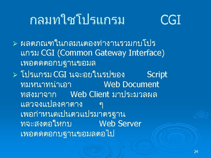 กลมทใชโปรแกรม CGI ผลตภณฑในกลมนตองทำงานรวมกบโปร แกรม CGI (Common Gateway Interface) เพอตดตอกบฐานขอมล Ø โปรแกรม CGI นจะอยในรปของ Script